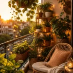 Sun-drenched apartment balcony styled with layered plants and warm fairy lights