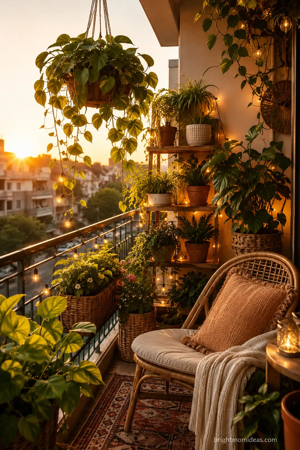 Sun-drenched apartment balcony styled with layered plants and warm fairy lights