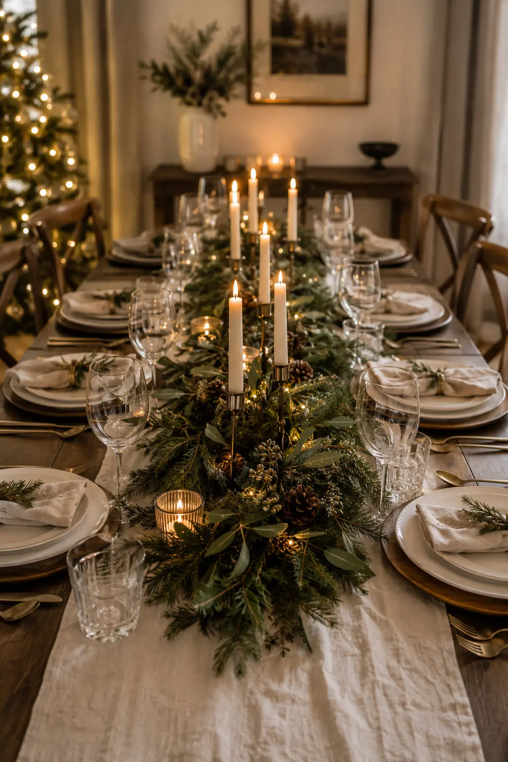low long greenery centerpiece christmas dinner table