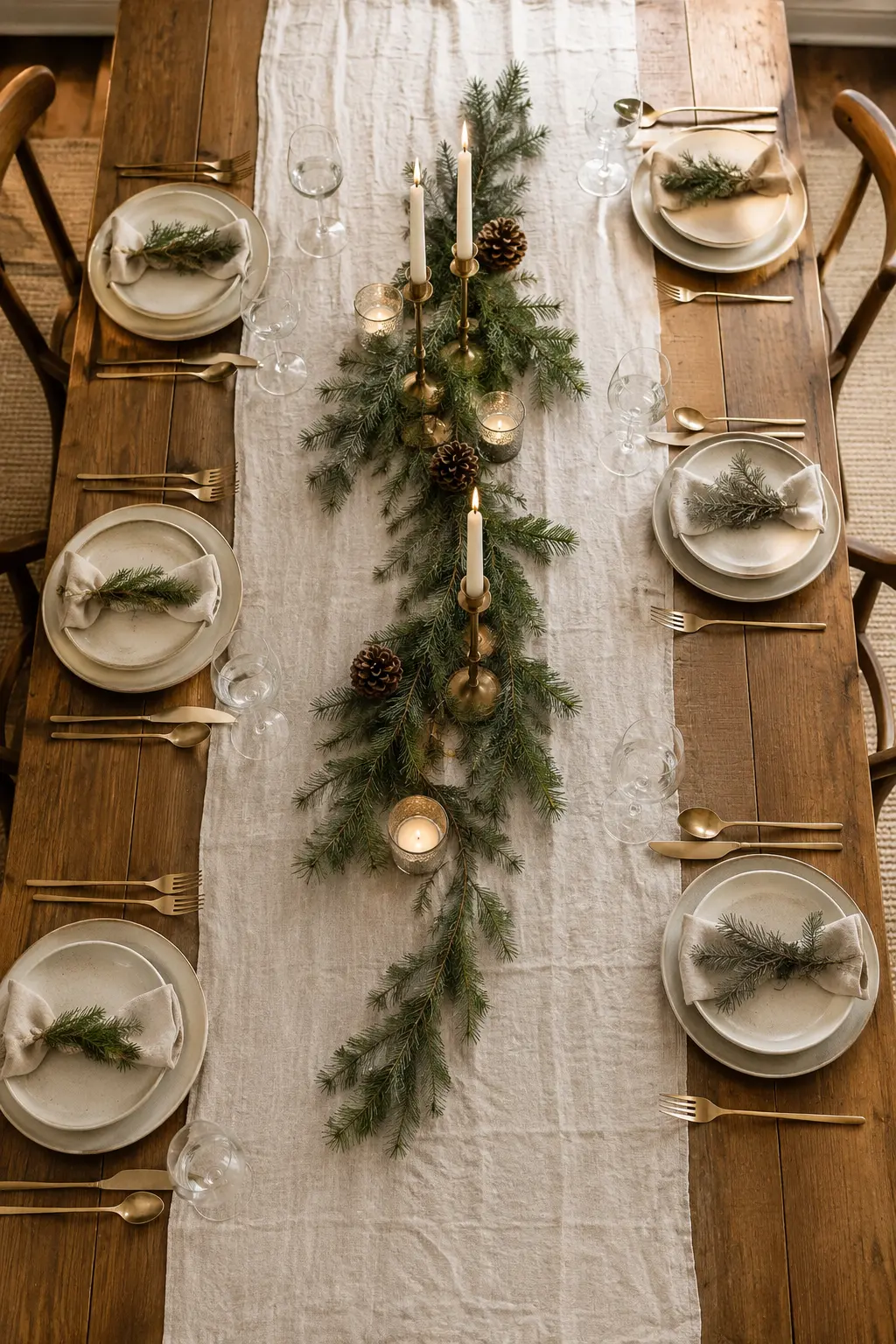 cream linen table runner on wood christmas dining table