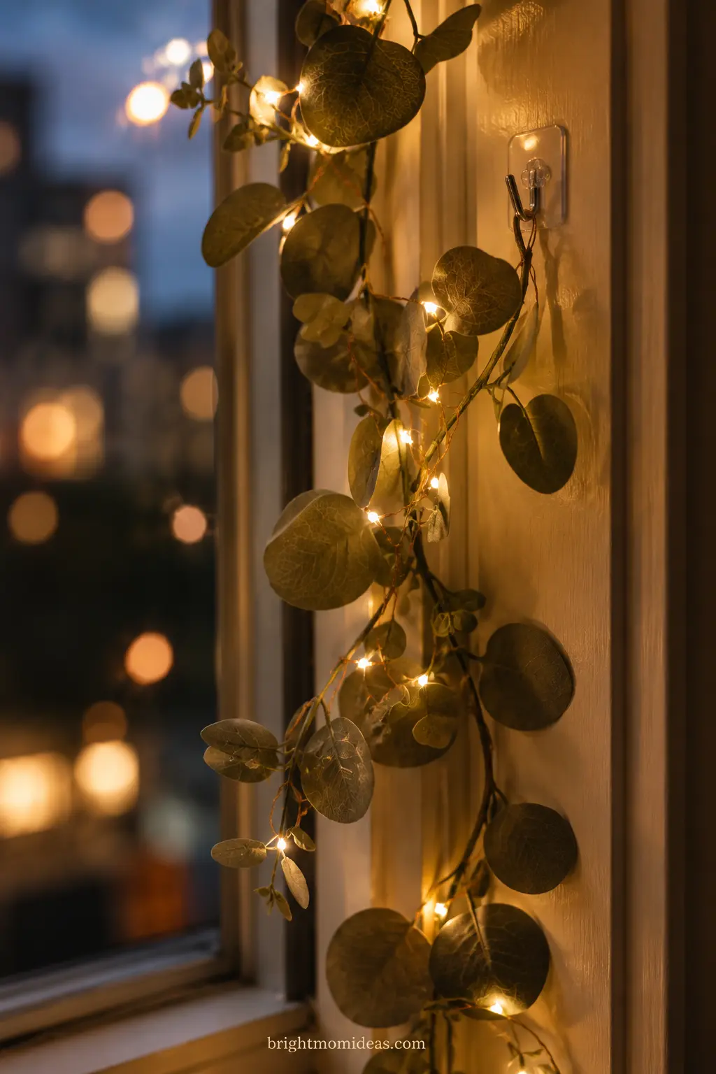 Warm string lights woven through garland on a rental window frame