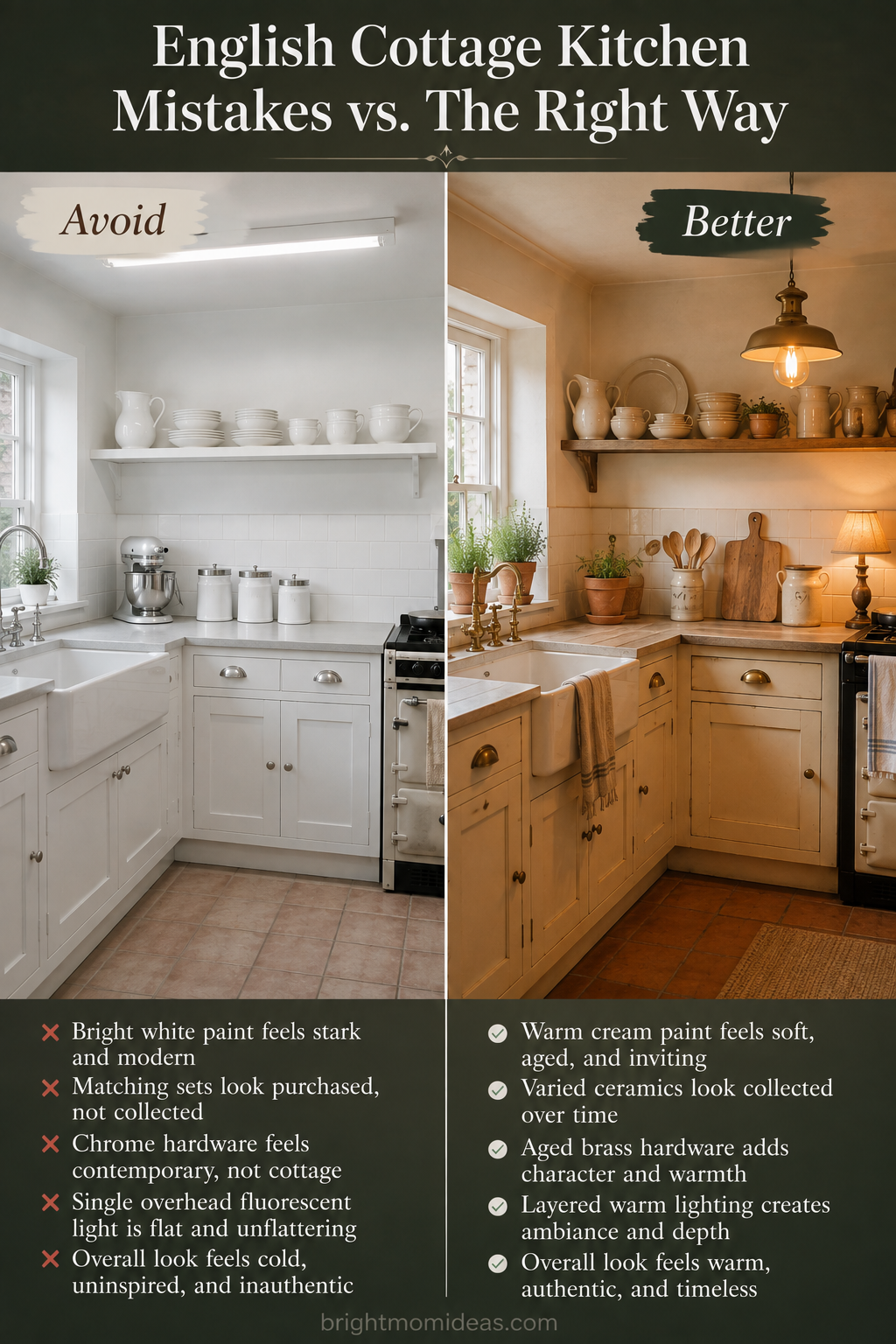 english cottage kitchen mistakes versus
correct approach showing cool white paint
matching ceramics chrome hardware versus
warm cream aged brass mismatched collection