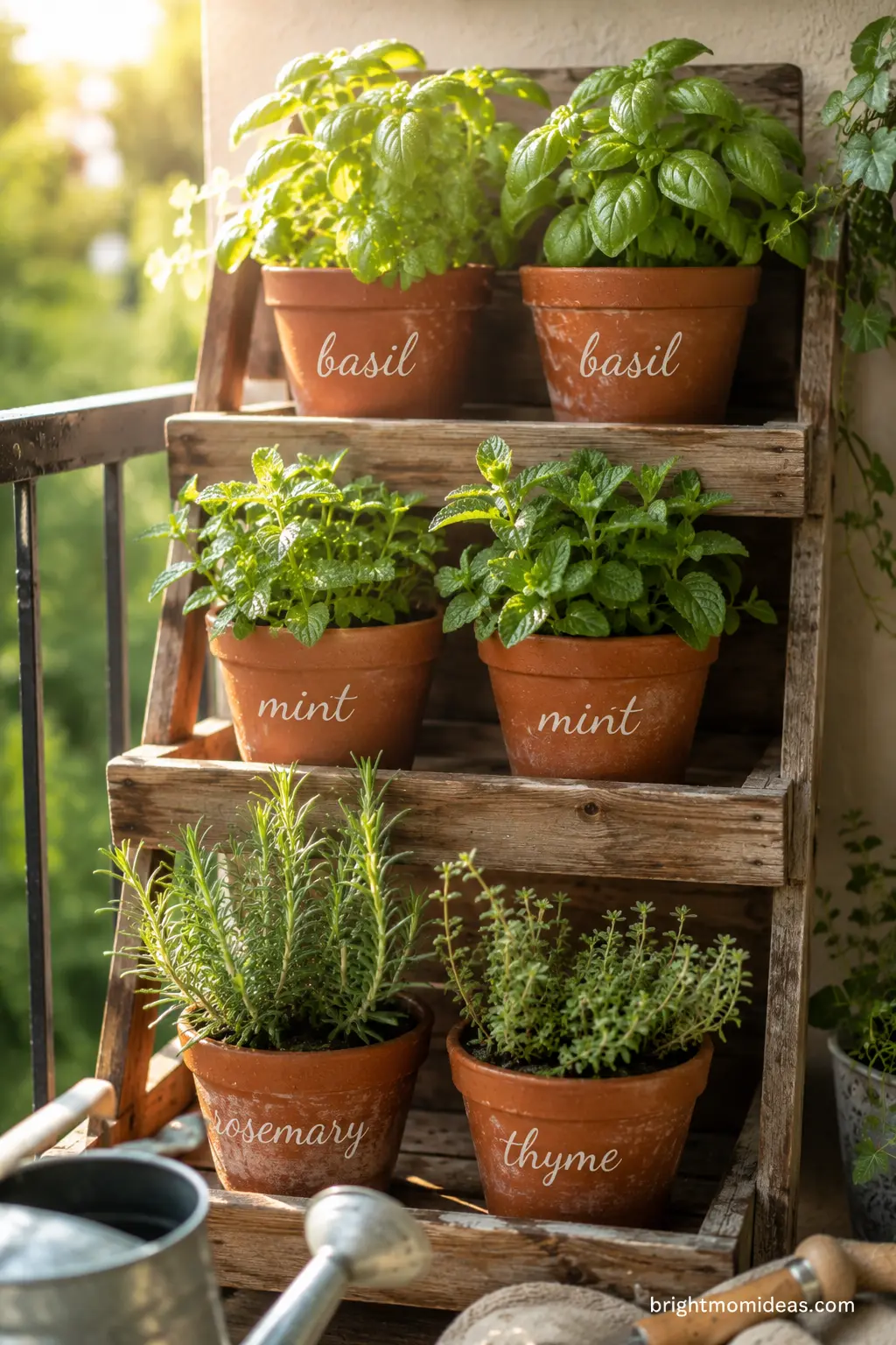Tiered wood herb shelf with labeled basil, mint, and rosemary pots