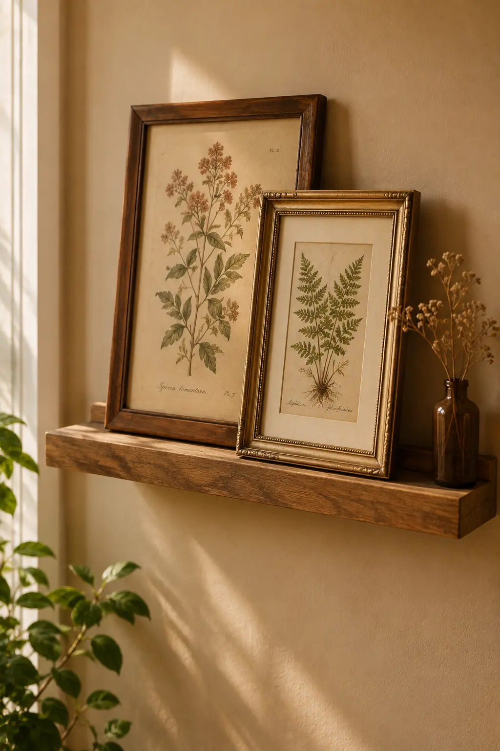 Floating art ledge with mismatched framed prints, no wall damage