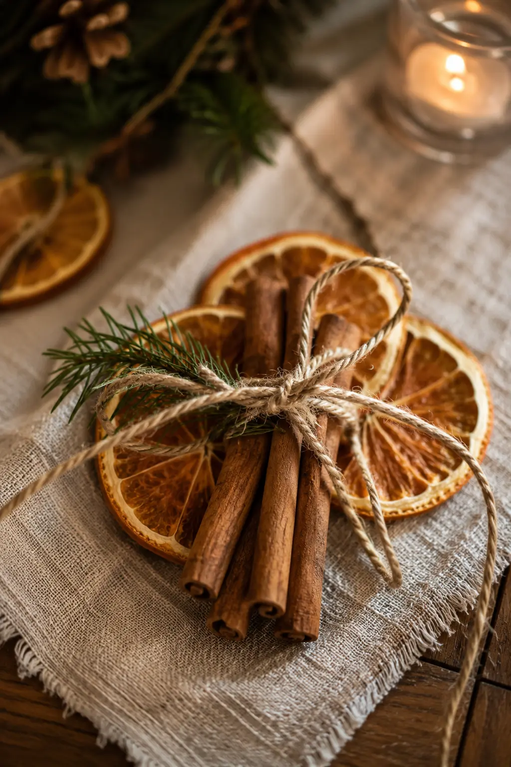 dried orange slices and cinnamon sticks christmas table