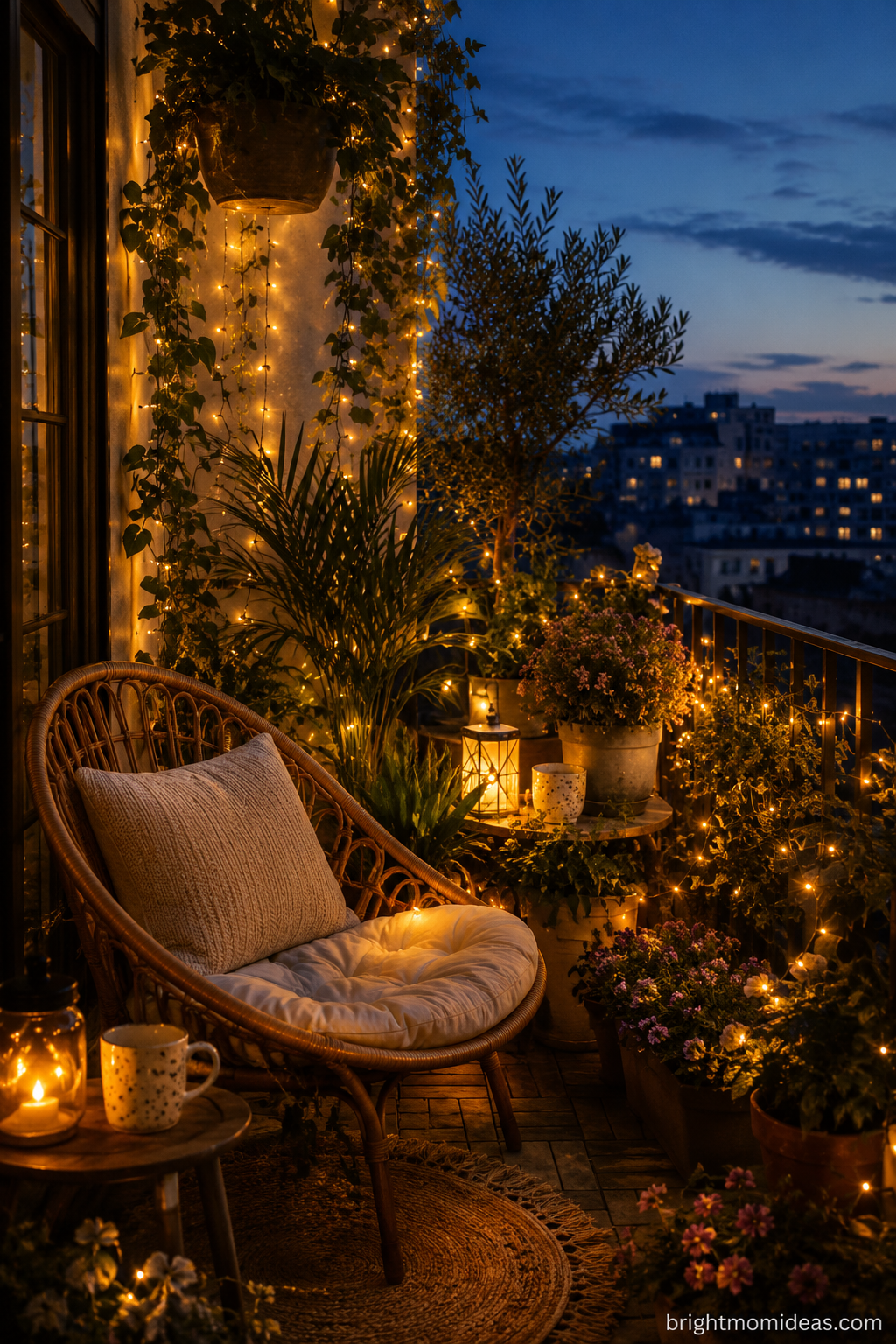 Balcony nook with warm fairy lights woven through plants