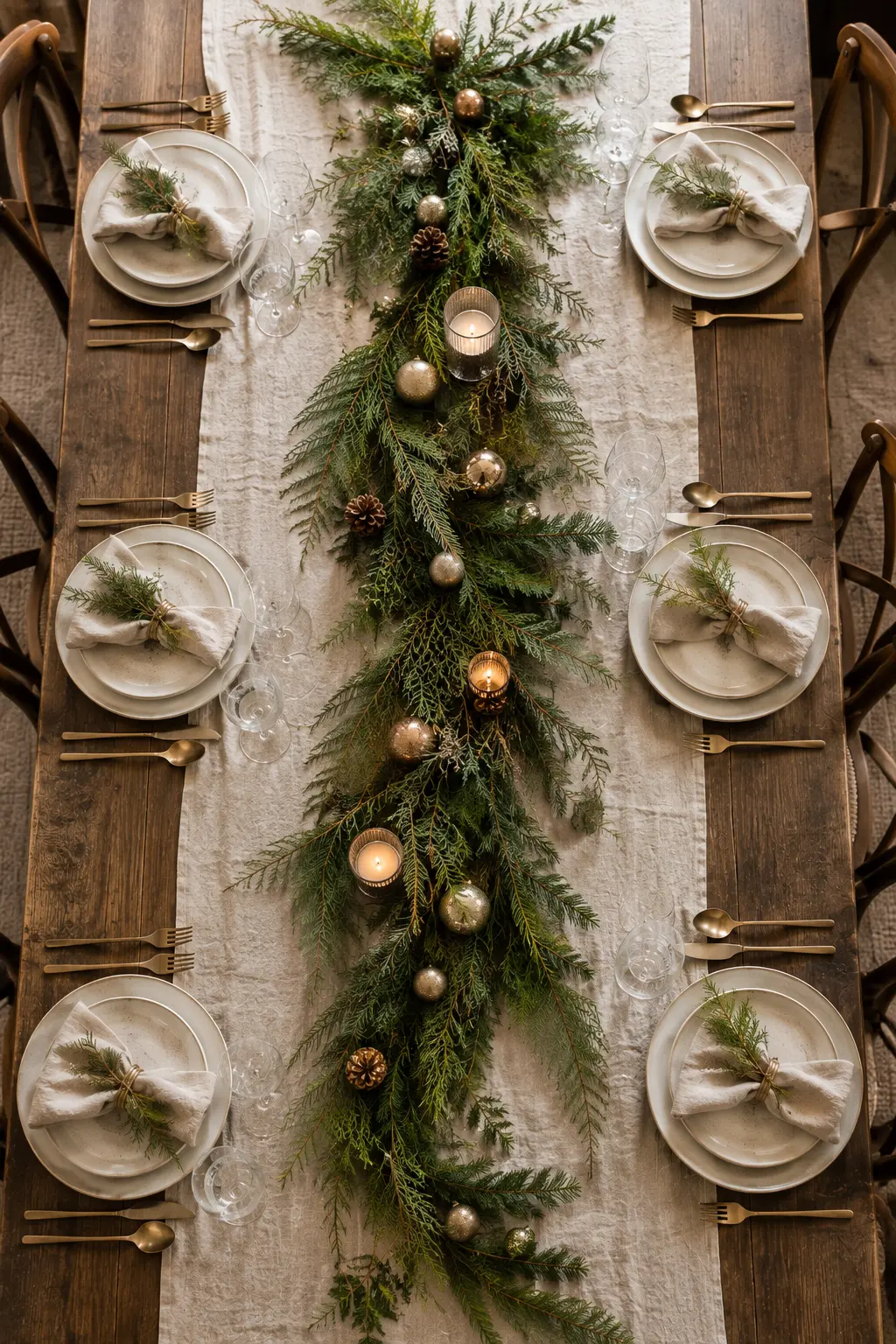 fresh pine greenery centerpiece christmas table