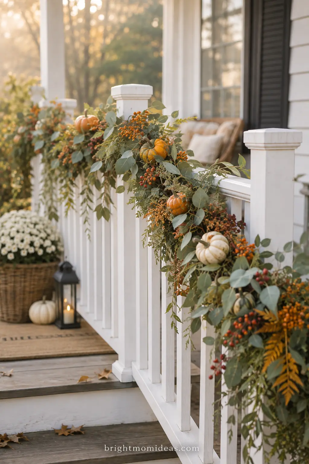 Fall foliage garland with pumpkins draped along a porch railing