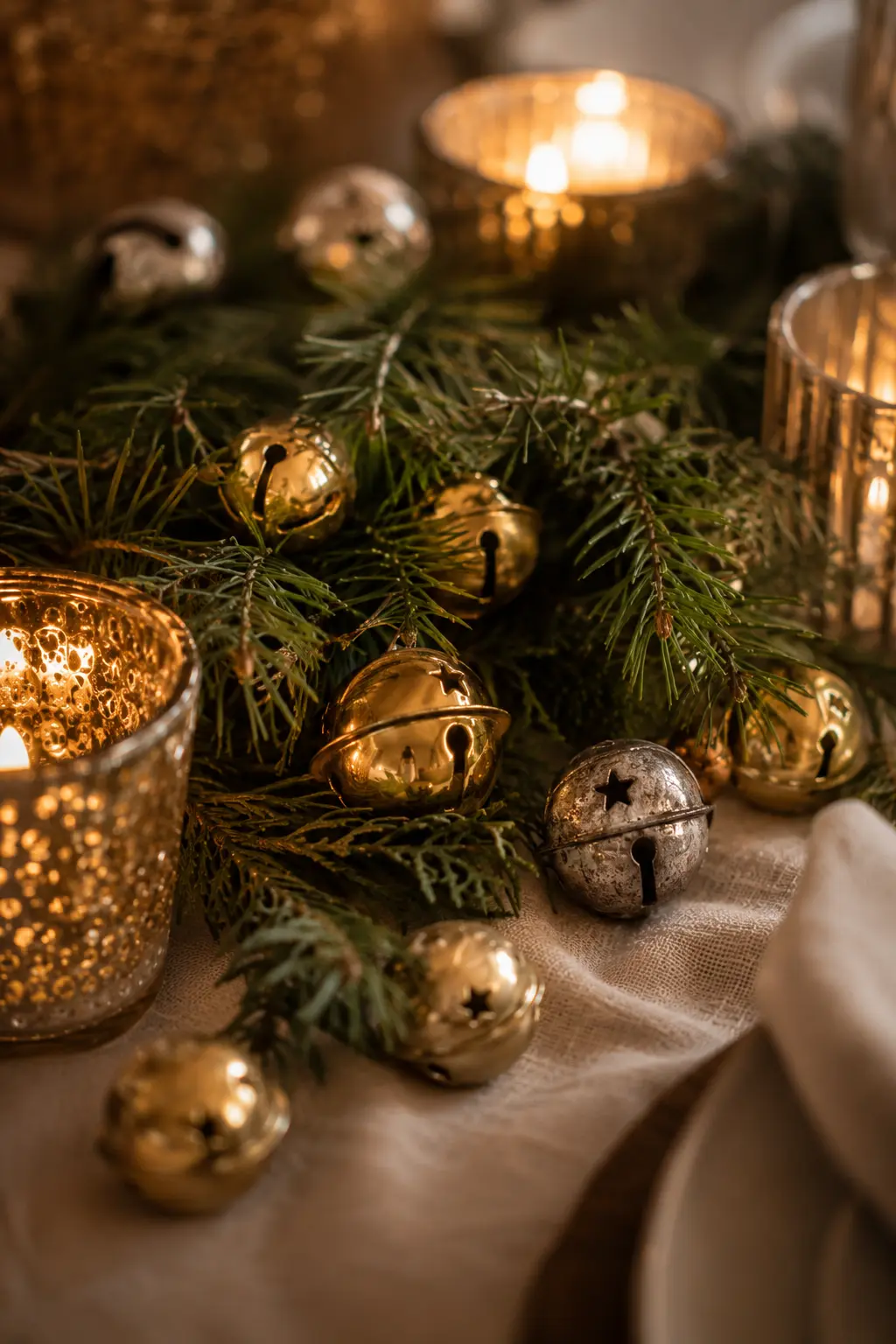 gold and silver bells christmas table decor"