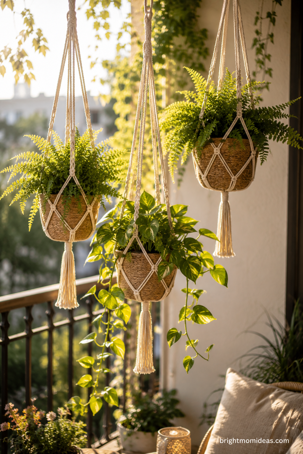 Macrame hanging baskets with ferns and pothos at staggered heights