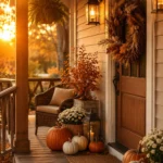 Fall front porch with layered pumpkins and warm lantern light at golden hour