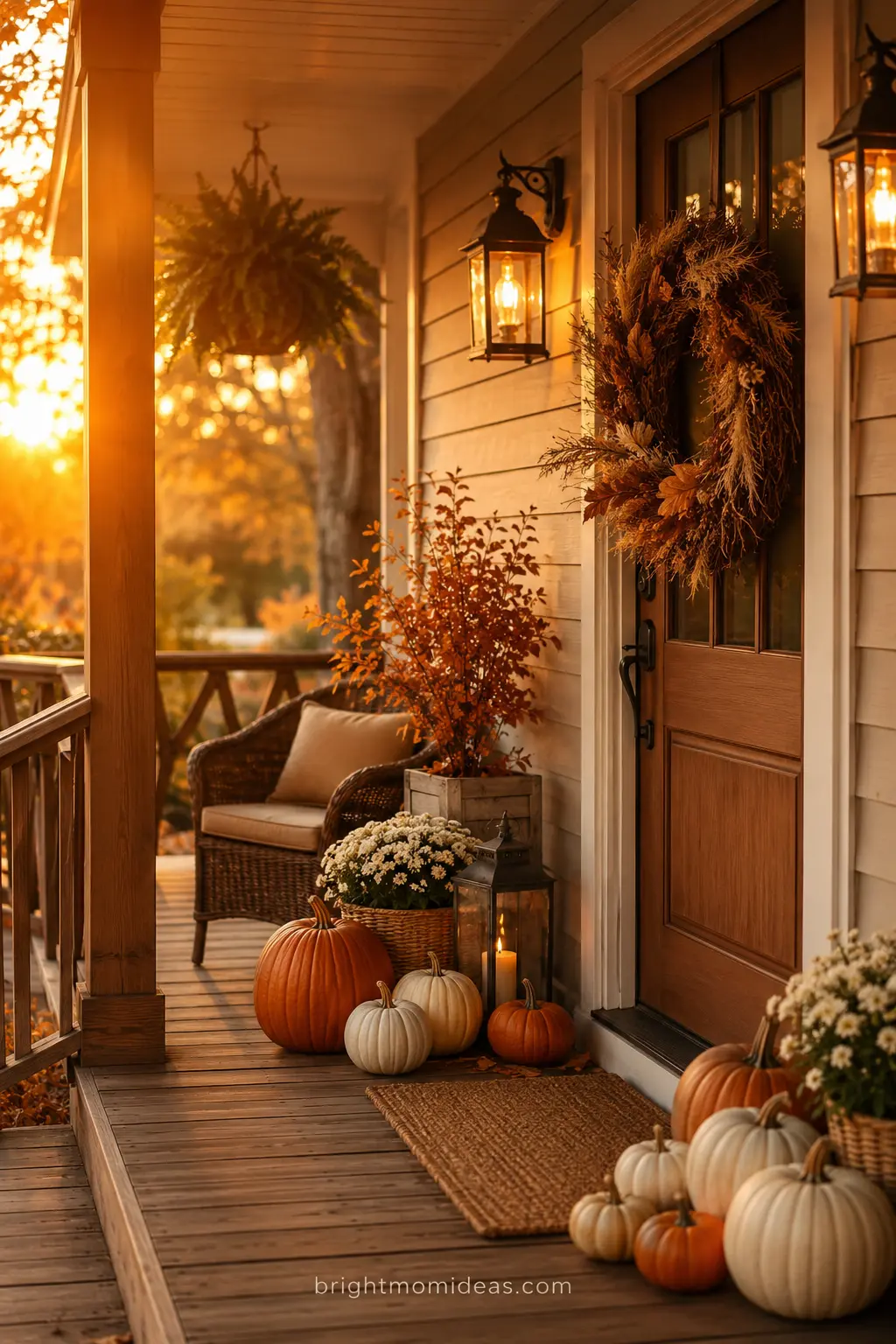 Fall front porch with layered pumpkins and warm lantern light at golden hour