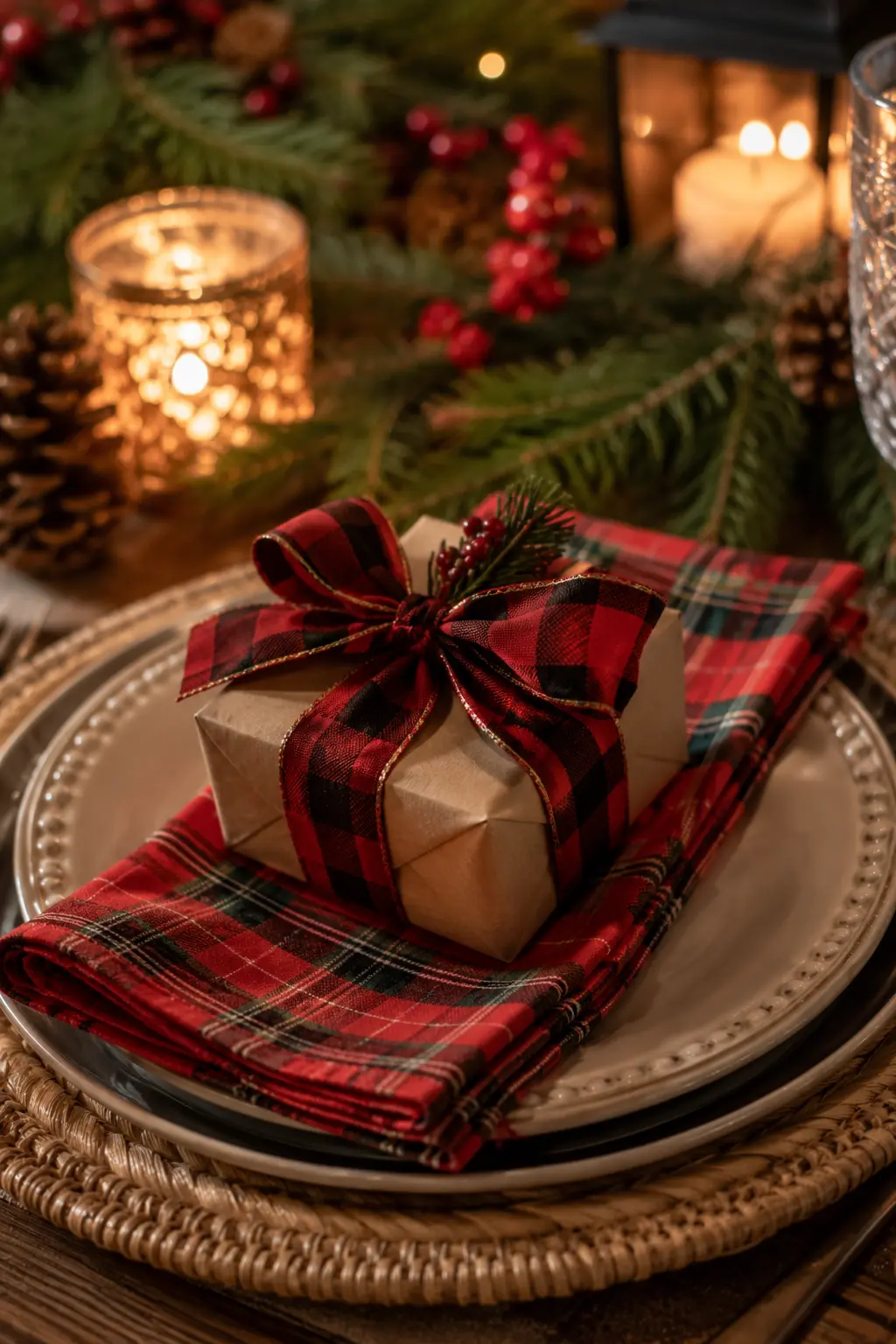 wrapped gift on napkin christmas place setting
