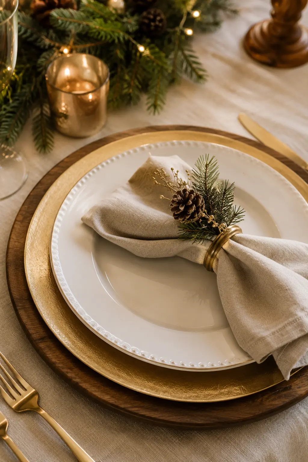 layered gold and wood chargers christmas table setting