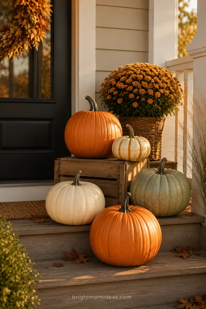 Grouped pumpkins in varying sizes and colors on porch steps