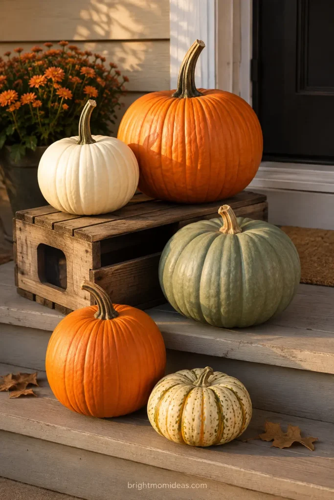 Grouped pumpkins in varying sizes and colors on porch steps