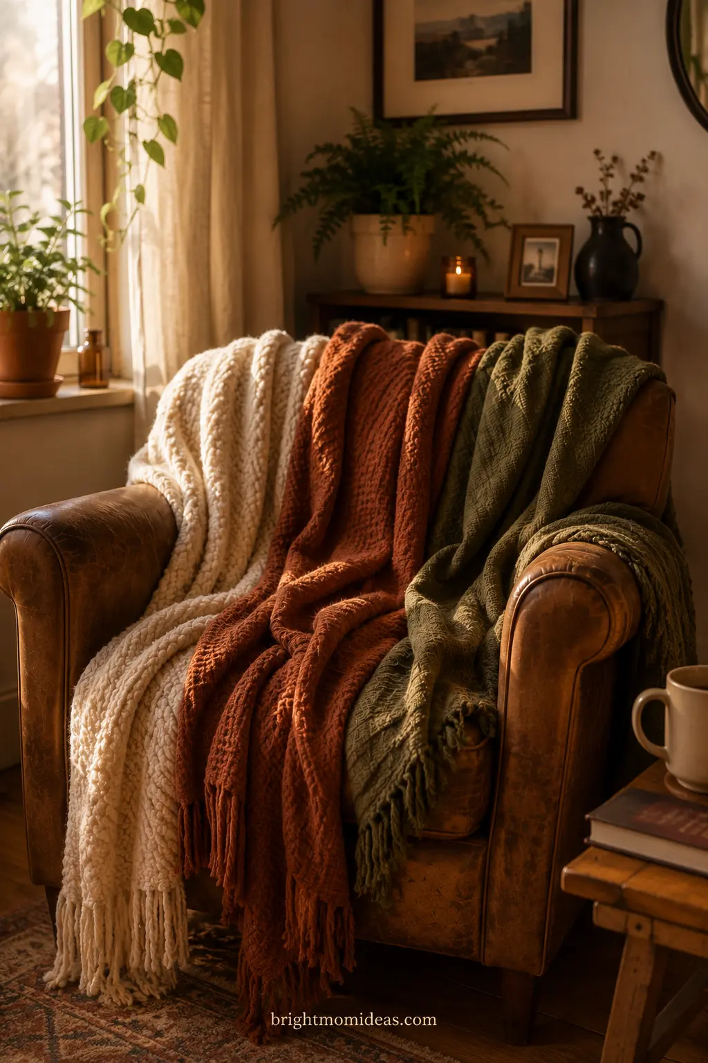 Armchair layered with cream, rust, and olive fall throw blankets
