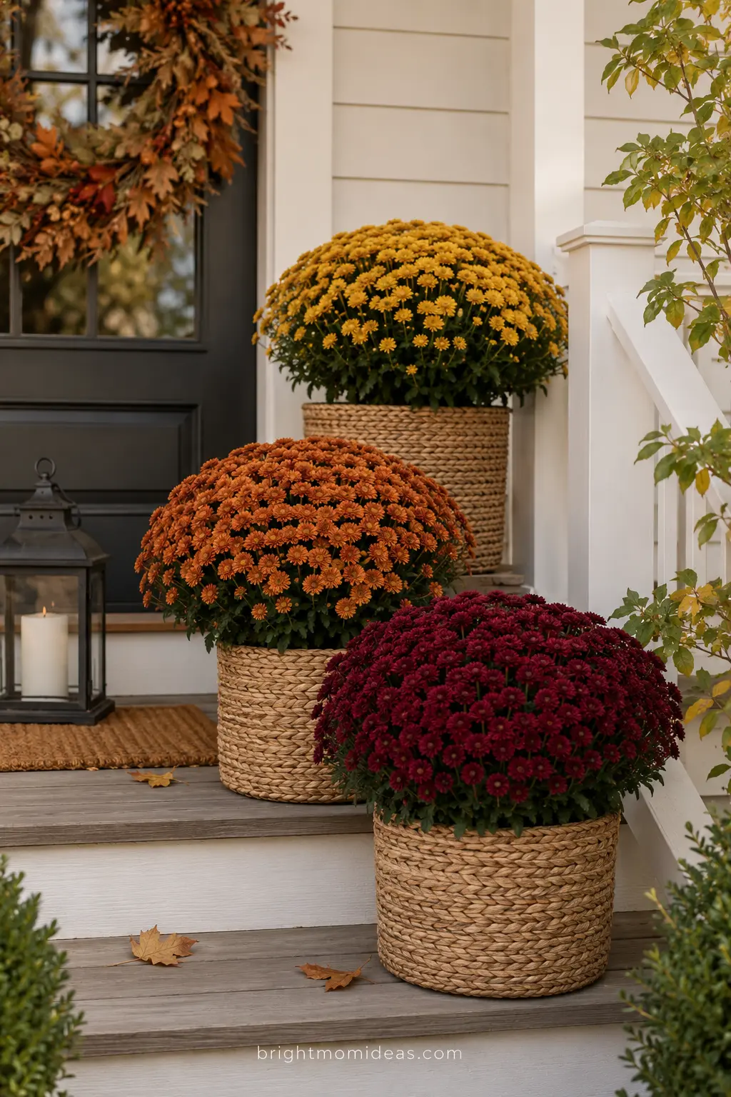 Burgundy, rust, and golden mums staged at staggered heights
