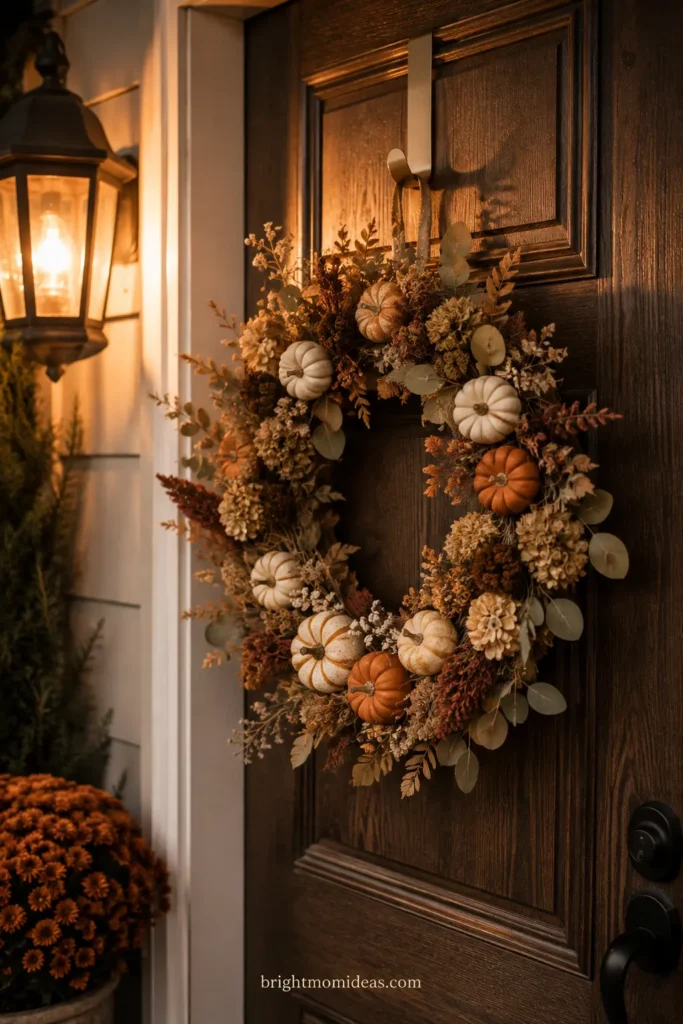 Dried floral pumpkin wreath on an over-the-door hook, no drilling