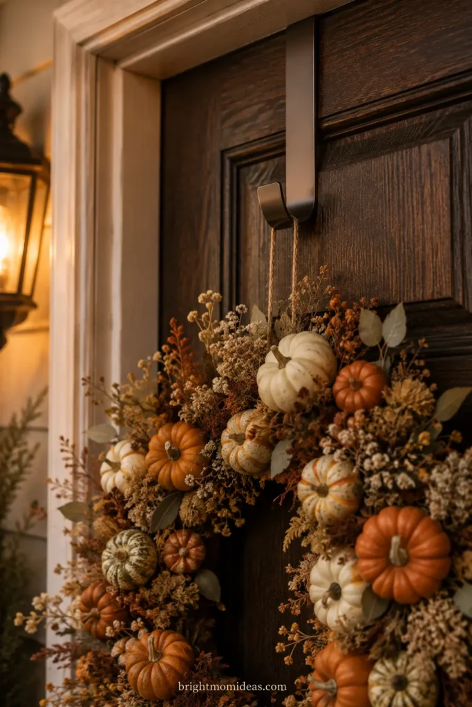 Dried floral pumpkin wreath on an over-the-door hook, no drilling