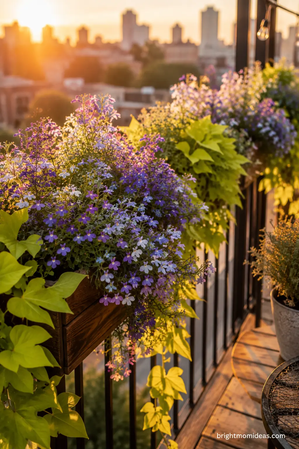 Balcony railing planters overflowing with cascading lobelia flowers