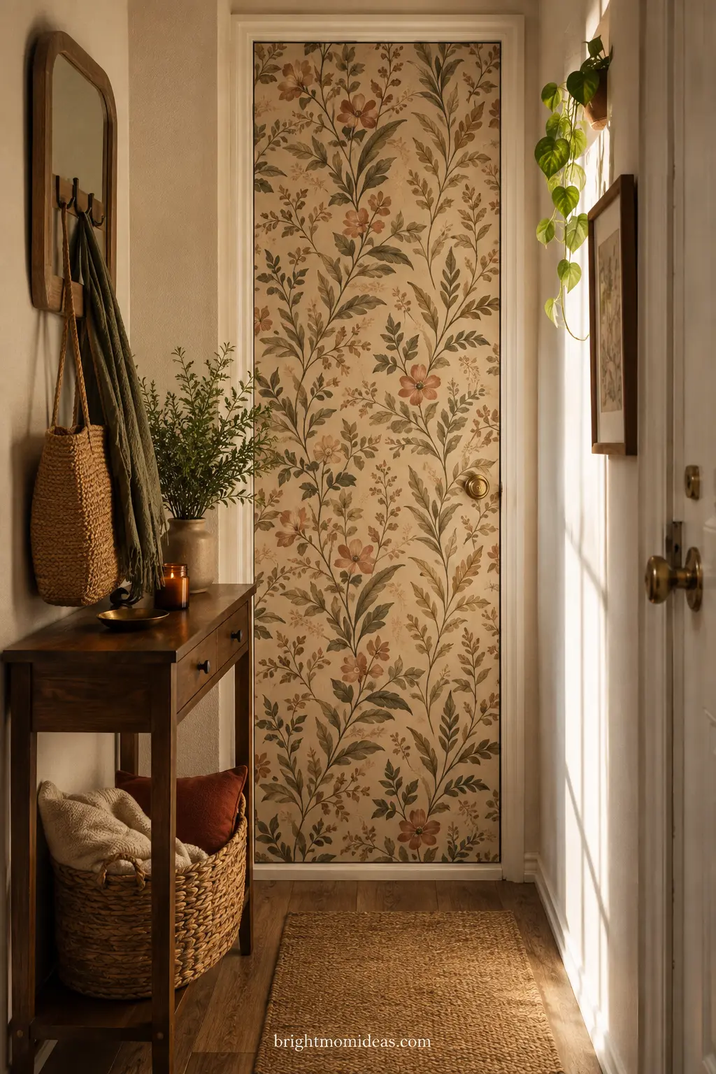 Botanical peel-and-stick wallpaper on a rental entryway closet door