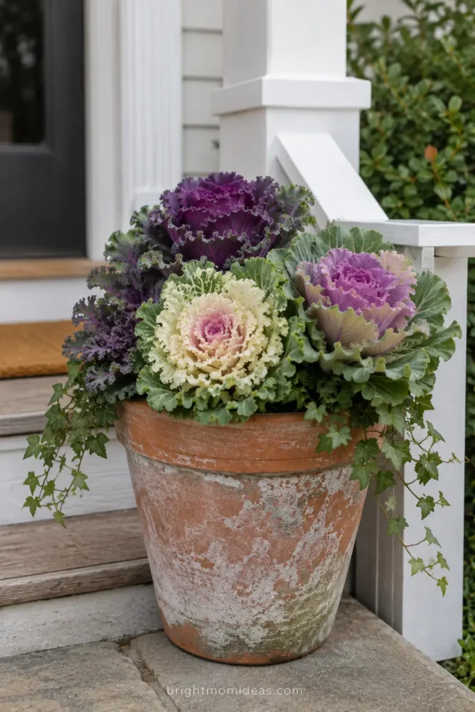 Ruffled ornamental kale and cabbage in a terracotta planter