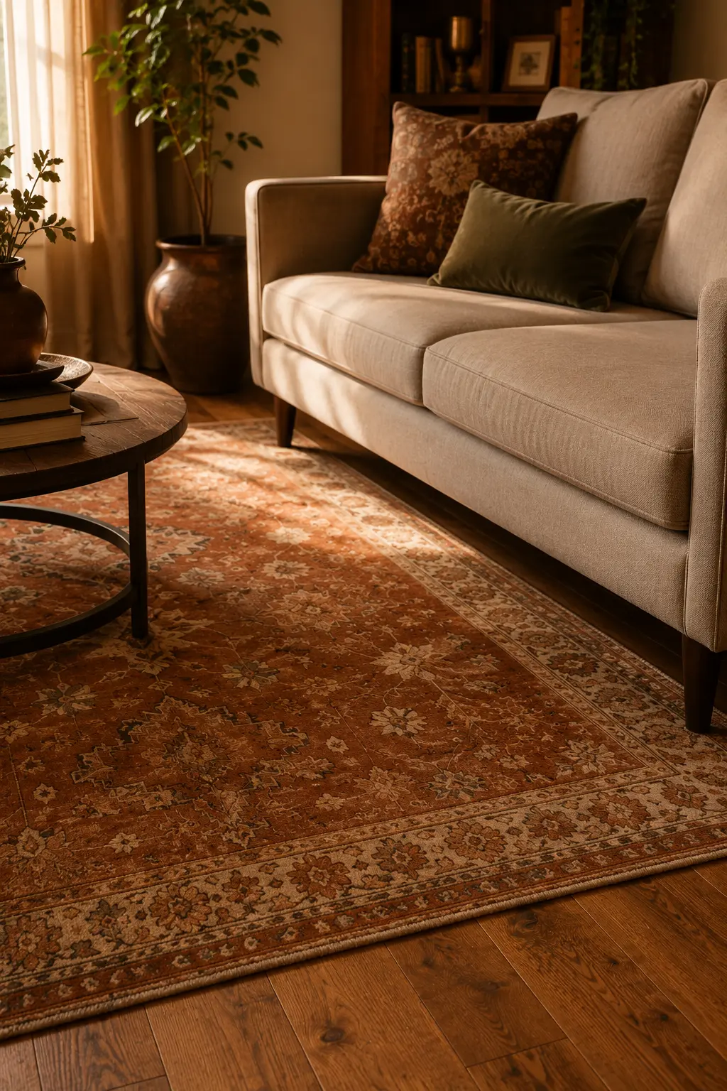 Rust-toned rug anchoring a cozy fall apartment seating area