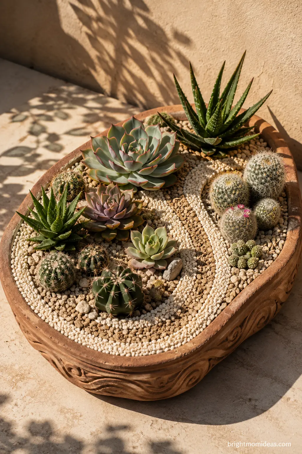 Terracotta trough with mixed succulents topped with gravel