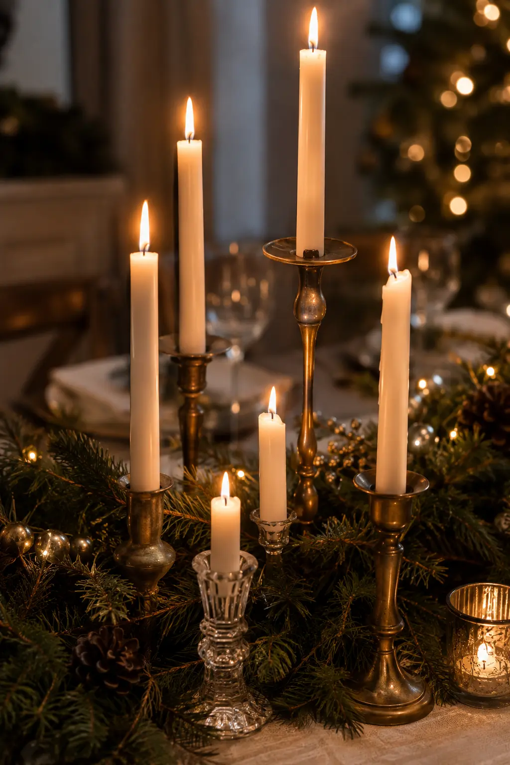 mismatched taper candles christmas table decor