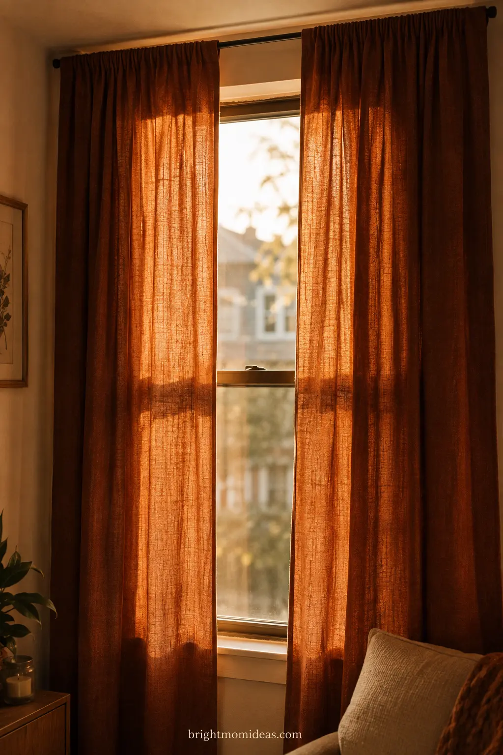 Rust-toned tension rod curtains on a rental apartment window