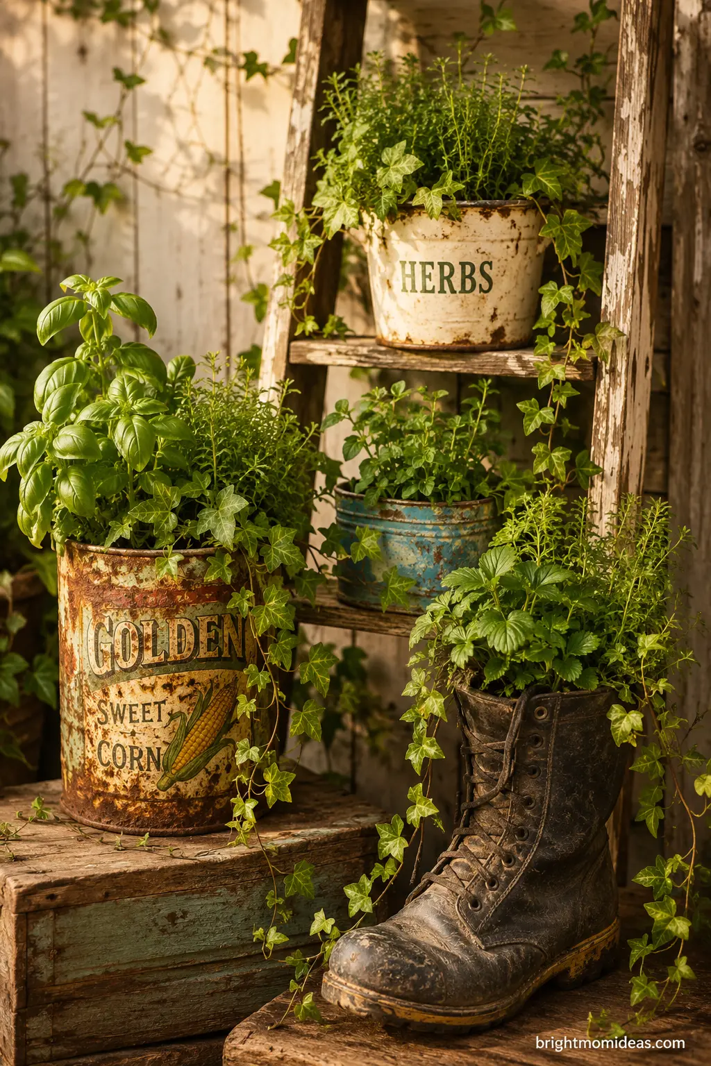 Tin can and rubber boot planters filled with herbs and ivy