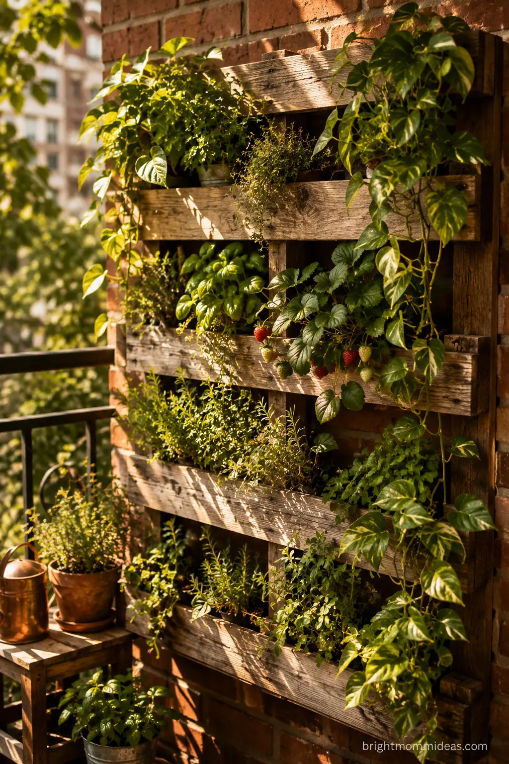 Reclaimed pallet wall planted with trailing pothos and herbs