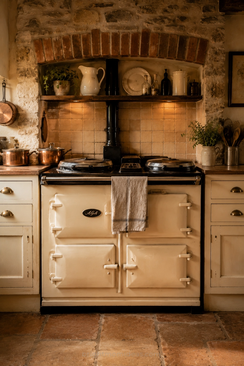 cream aga range cooker in english cottage
kitchen with cast iron body warm rail and
linen cloth creating iconic farmhouse
cooking focal point