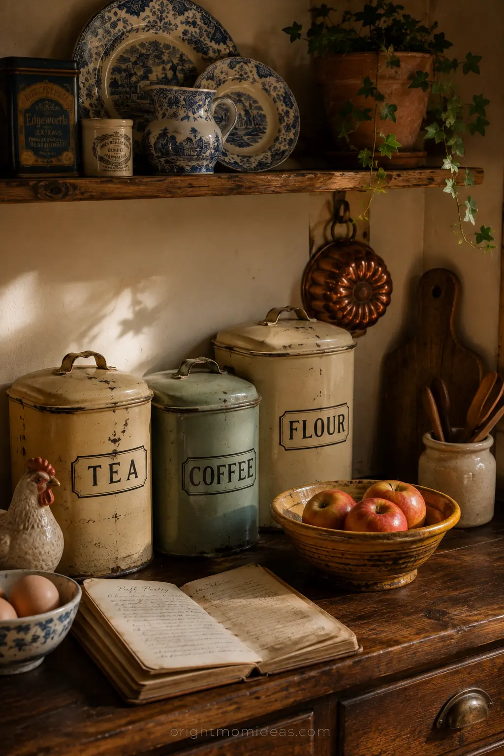 vintage enamel tins printed crockery and
collected objects on english cottage kitchen
shelf and counter showing personal accumulation
over years not styled decoration