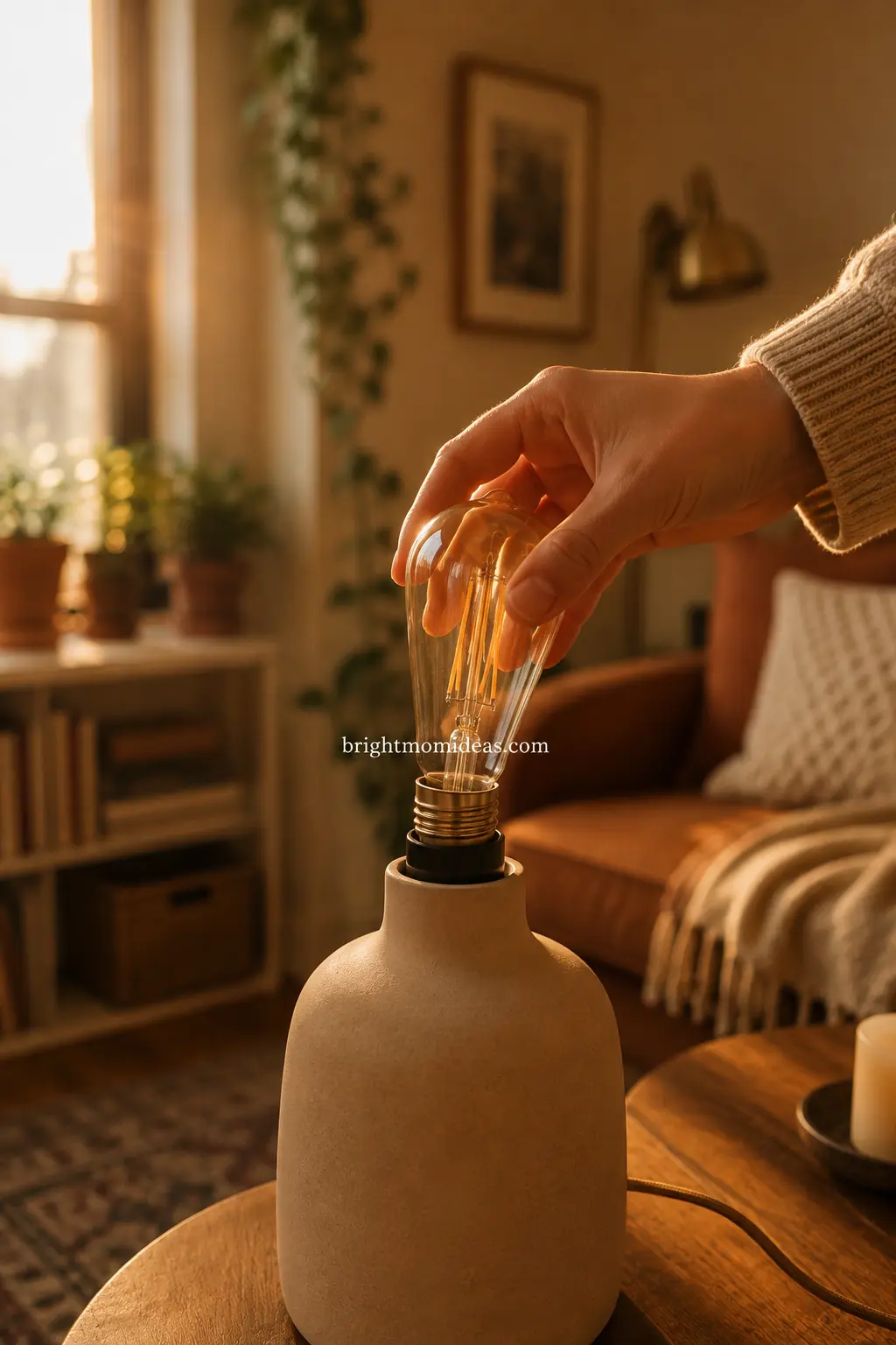 Hand installing a warm amber LED bulb in a fall apartment lamp