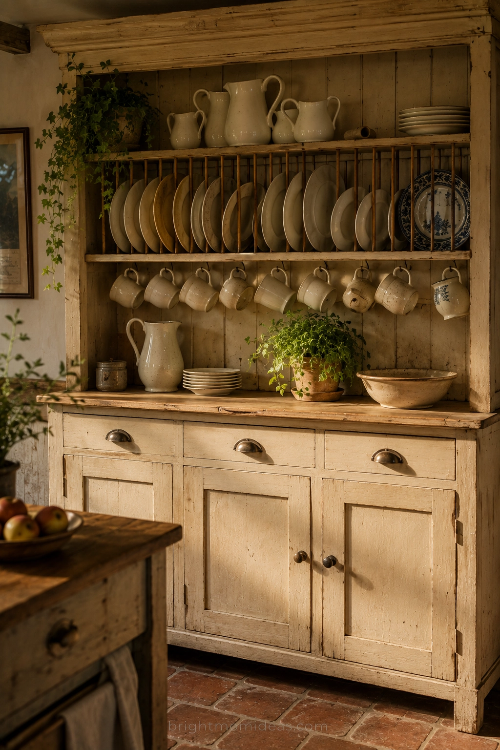 antique welsh dresser in english cottage
kitchen with open shelves holding collected
white ceramics plates pitchers and cups
above closed cupboard storage below