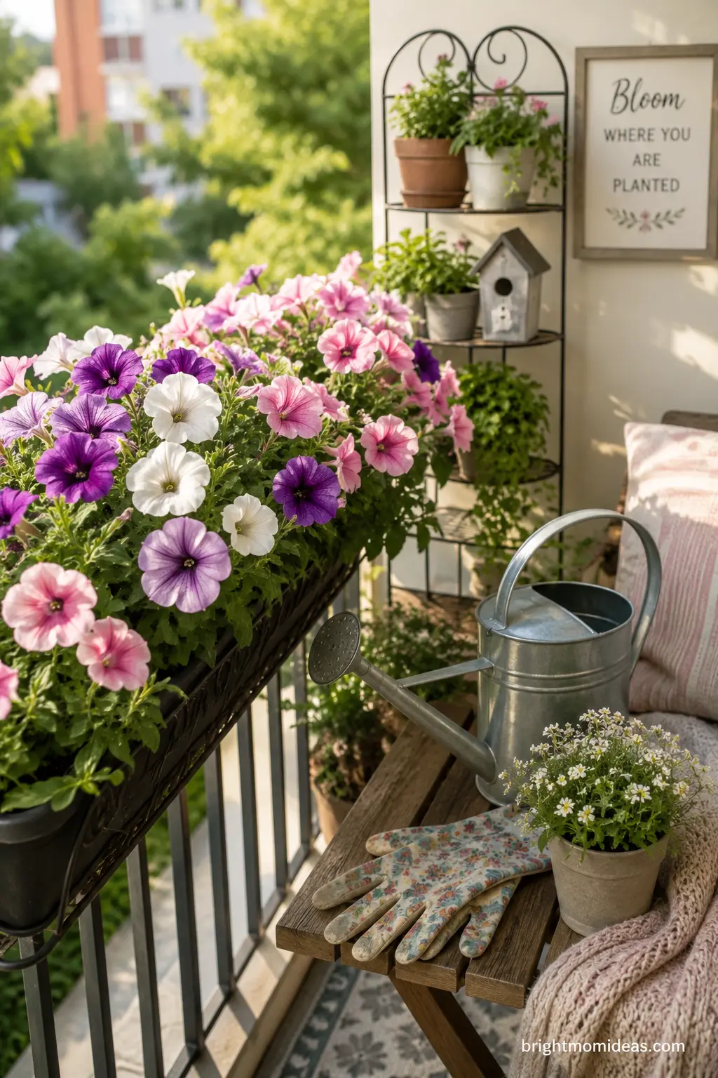 Styled balcony vignette with railing planter and tiered plant stand