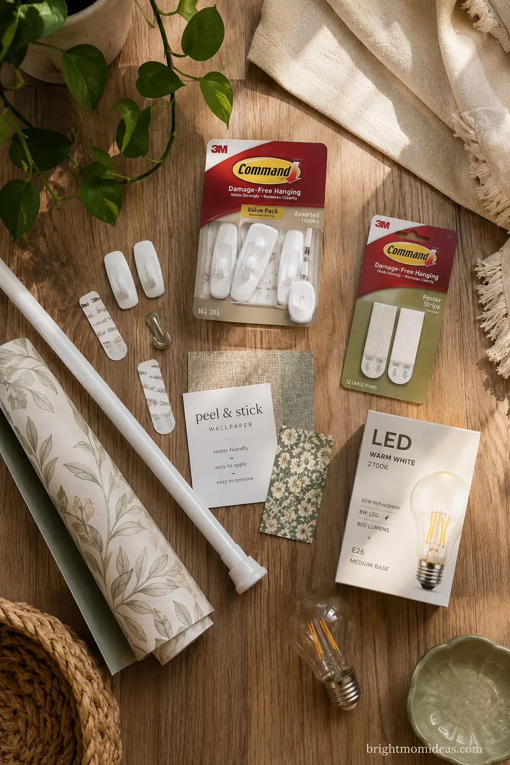 Flat lay of renter-friendly decor tools — command hooks, tension rod, wallpaper