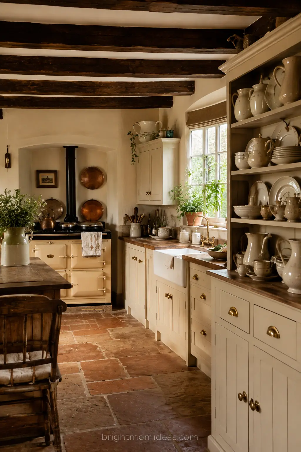 authentic english cottage kitchen showing
defining qualities of warmth character and
accumulated personal history that makes it
different from farmhouse and french country