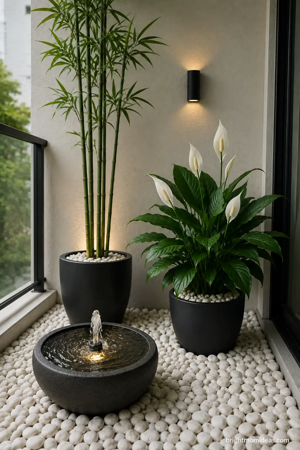 Minimalist balcony with pebbles, bamboo, and solar fountain