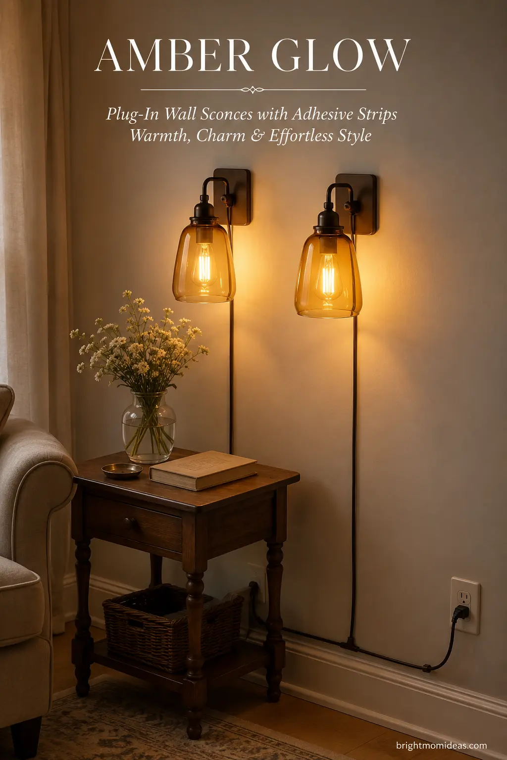 Amber-glass plug-in wall sconces styled above a rental side table