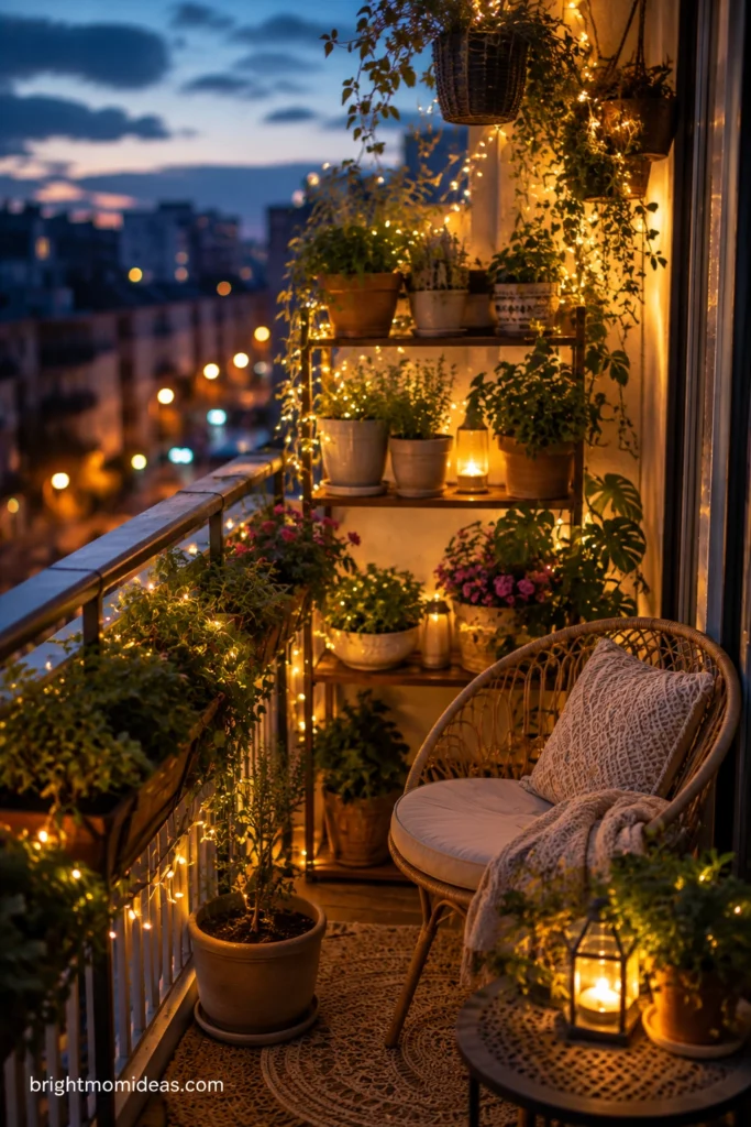 Sun-drenched apartment balcony styled with layered plants and warm fairy lights