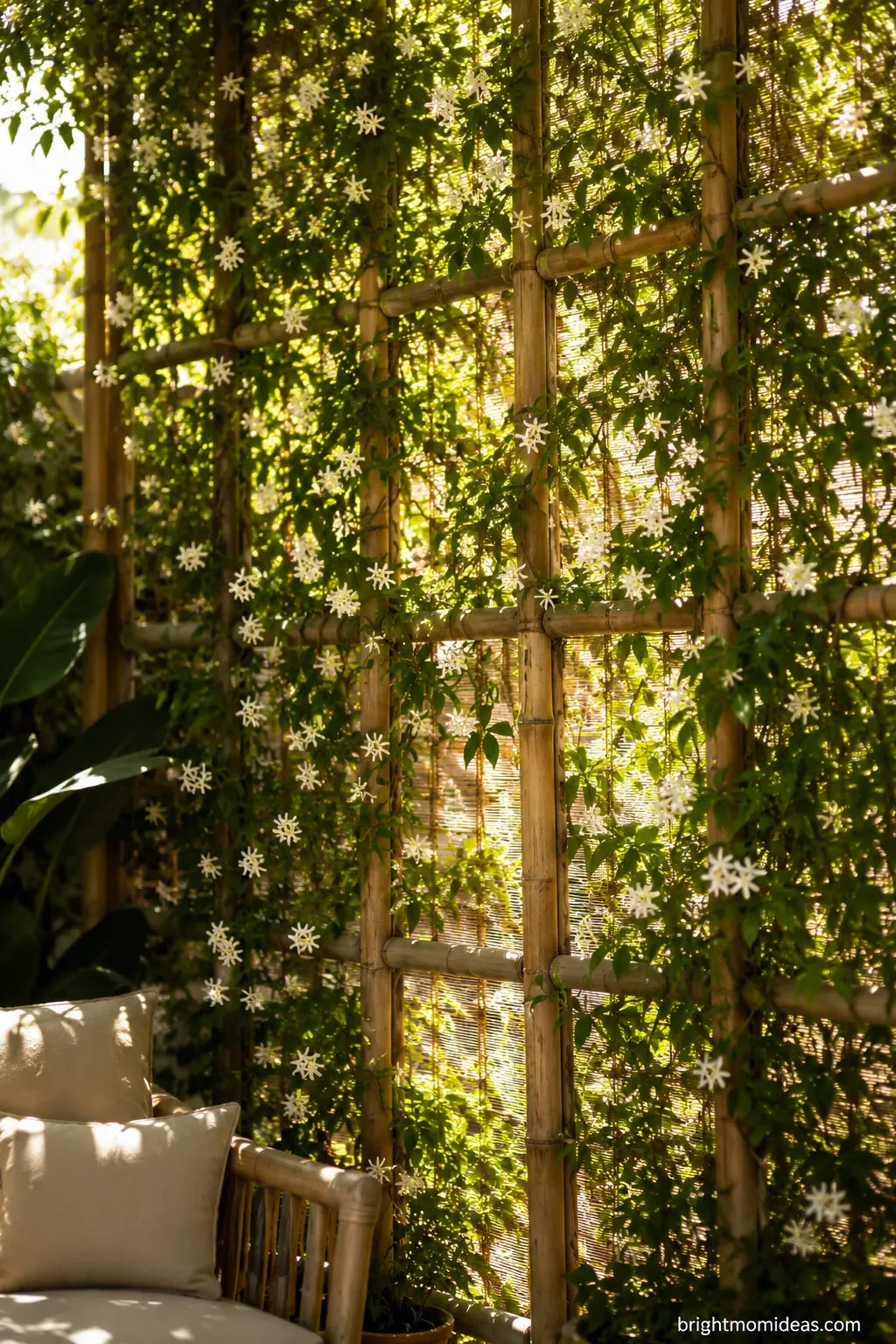 Bamboo trellis screen covered in blooming jasmine vines