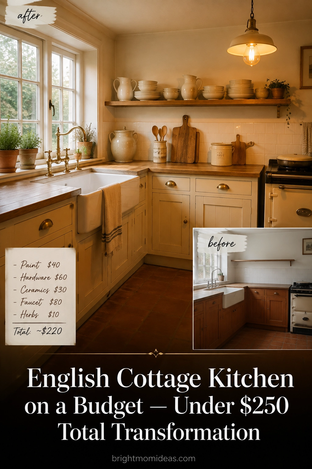 budget english cottage kitchen transformation
showing cream chalk painted cabinets aged
brass hardware open shelving and charity
shop ceramics creating authentic cottage look