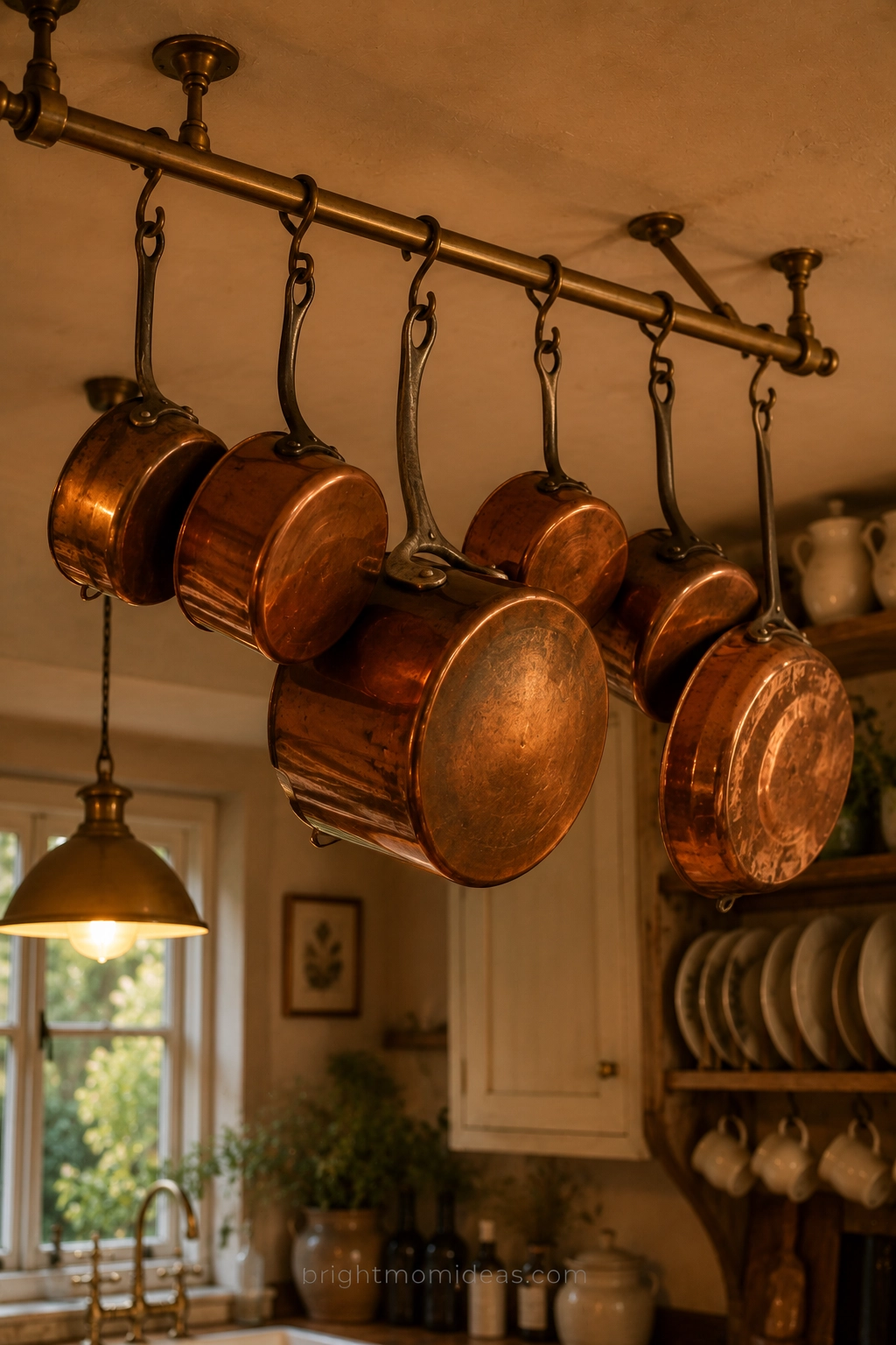 Real photography dramatic hero shot of
collection of copper pots and pans hanging
from ceiling mounted pot rail in English
cottage kitchen, five or six copper pieces
of different sizes and forms hanging from
iron S-hooks on rail, copper showing
range of natural patina from brighter
newer areas to deep warm amber toned
older areas with genuine use marks,
largest pot a substantial stockpot in
center flanked by smaller saucepans
and one copper frying pan, warm light
from vintage pendant below catching
copper surfaces and making them glow
with extraordinary warm golden orange
tone, cream kitchen walls and cabinets
visible behind copper creating perfect
contrast that makes copper appear
especially beautiful, aged brass pot
rail matching aged brass hardware
throughout kitchen, view from slightly
below showing pots hanging against
warm ceiling background, kitchen
feeling genuinely working and domestic,
Canon photography quality ultra HD
warm dramatic, vertical 2:3 ratio
Pinterest copper kitchen inspo.
Subtle watermark bottom: "brightmomideas.com"
thin lowercase warm gray 45 percent opacity.
Overlay text: "Copper Pots on Display —
The Display That Gets Better With Age"
elegant serif white text dark gradient
thin gold accent line above text.
--ar 2:3 --v 6 --style raw