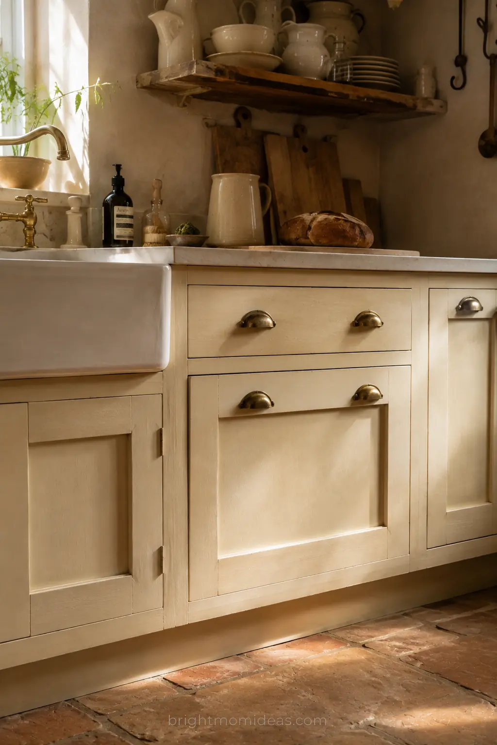 cream shaker cabinets with aged brass
hardware in english cottage kitchen showing
warm imperfect chalk paint finish and
naturally patinated brass pulls
