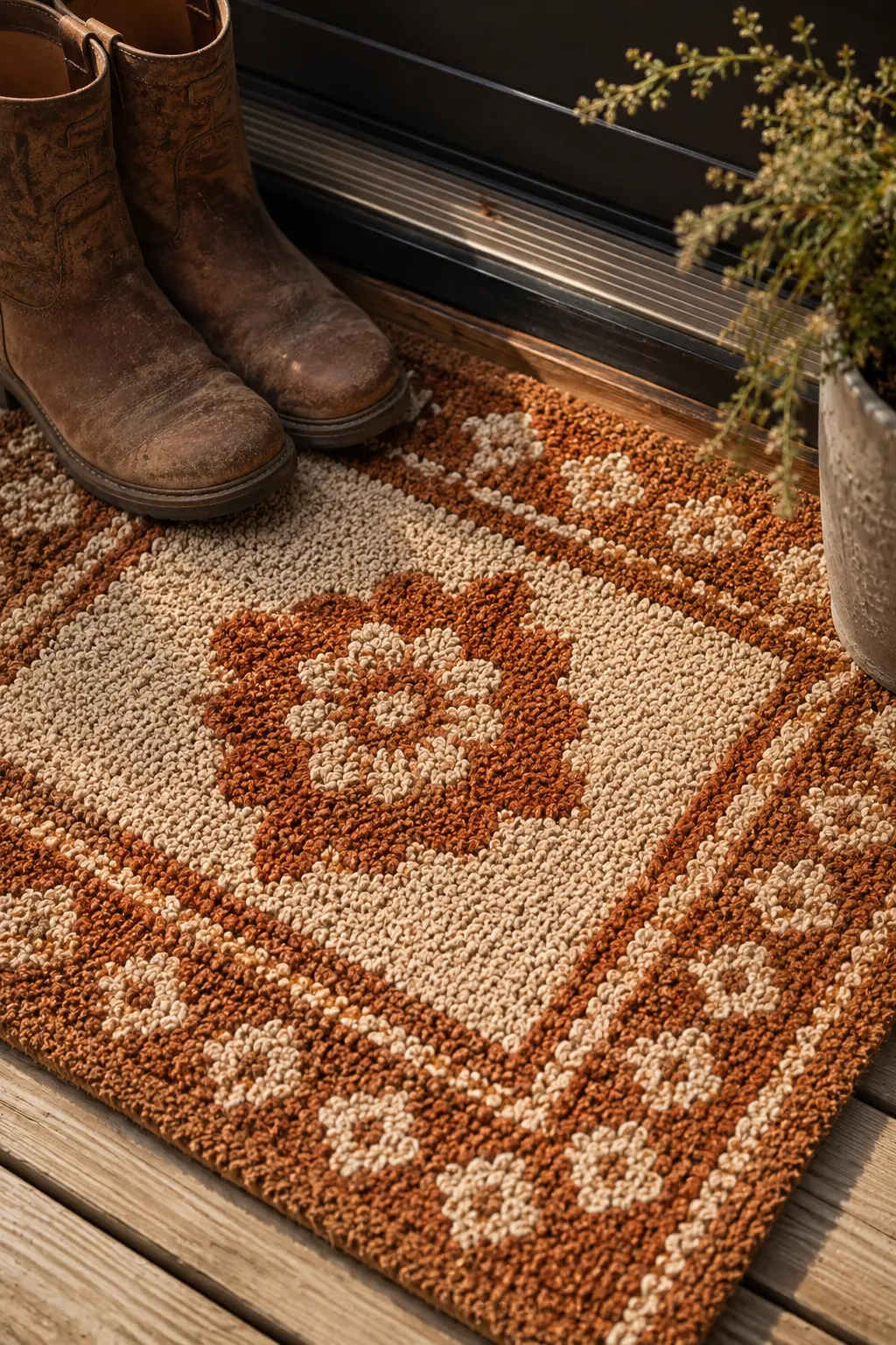 Woven coir doormat in rust and cream fall pattern