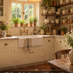 english cottage kitchen ideas showing cream shaker cabinets farmhouse sink open shelving with white ceramics aged brass hardware and warm terracotta floor full of old world charm