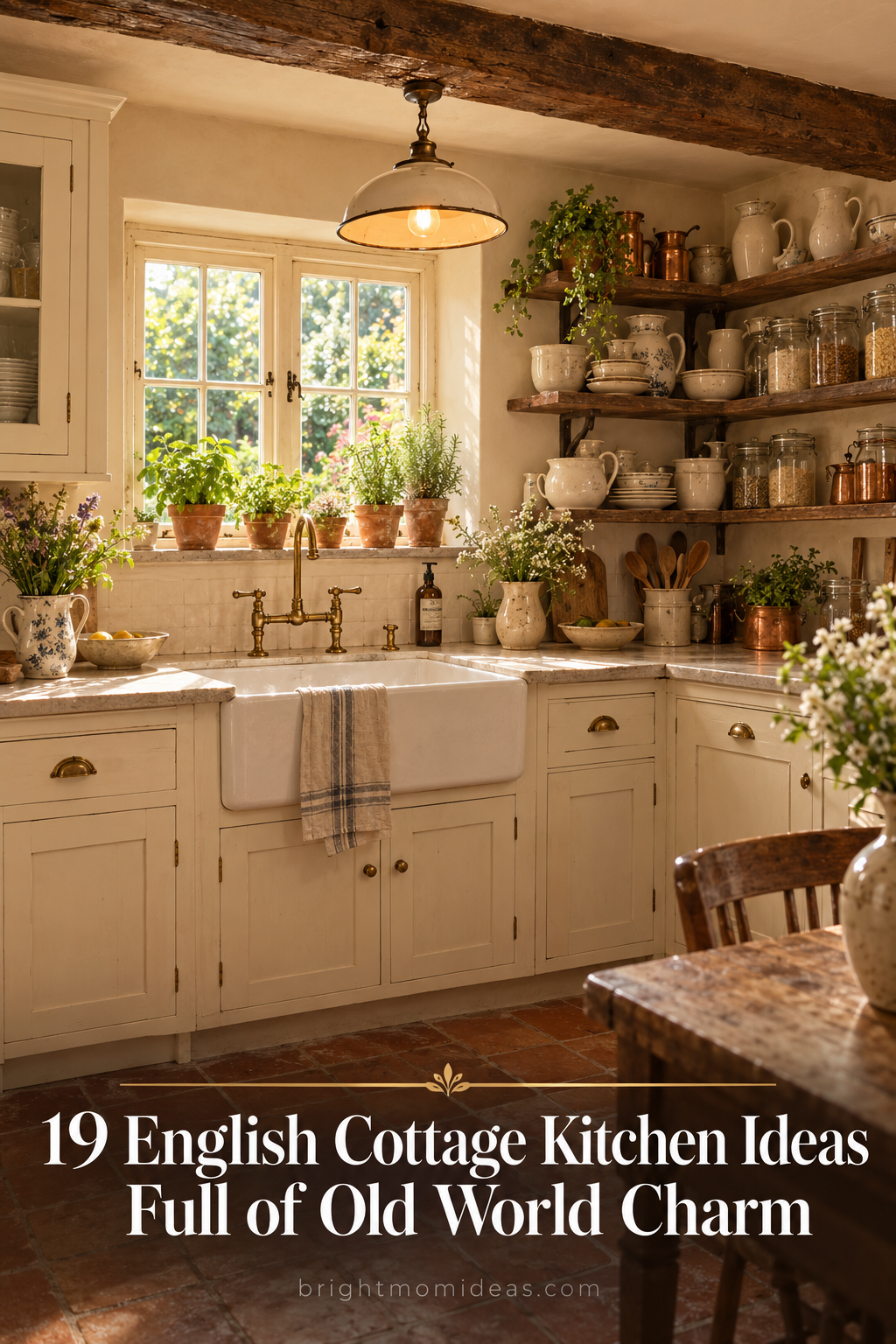 english cottage kitchen ideas showing cream shaker cabinets farmhouse sink open shelving with white ceramics aged brass hardware and warm terracotta floor full of old world charm